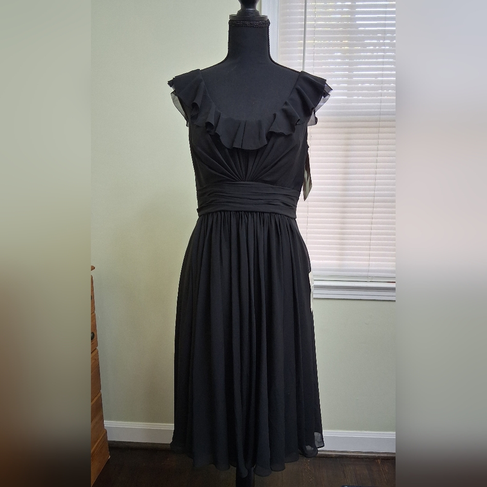 WTOO By Watters Black Chiffon Flutter Sleeve Ruffled Neckline Bridesmaid Size 10